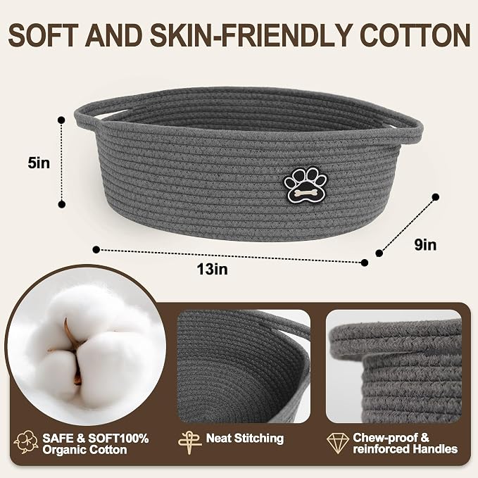 Small Dog Toy Basket, Soft Cotton Rope Dog Cat Toy Bin, Woven Storage Holder for Living Room Nursery, Cats Pet Gift Basket Empty, Decorative Wicker Storage Box with Handle, 13"x 9"x 5" (Grey)