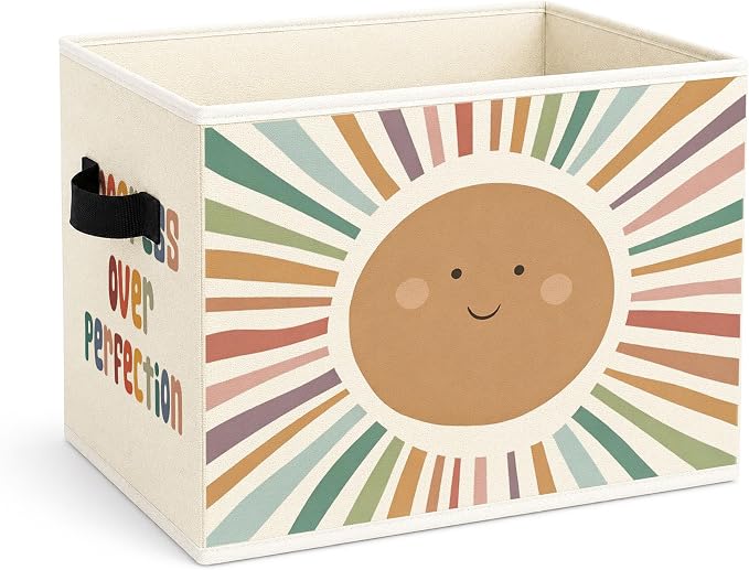 Progress Storage Bin, Foldable Fabric Basket for Kids Room Nursery | Foldable fabric storage bin with rainbow progress quote design for toys, books, clothes, nursery, bedroom, and playroom use.
