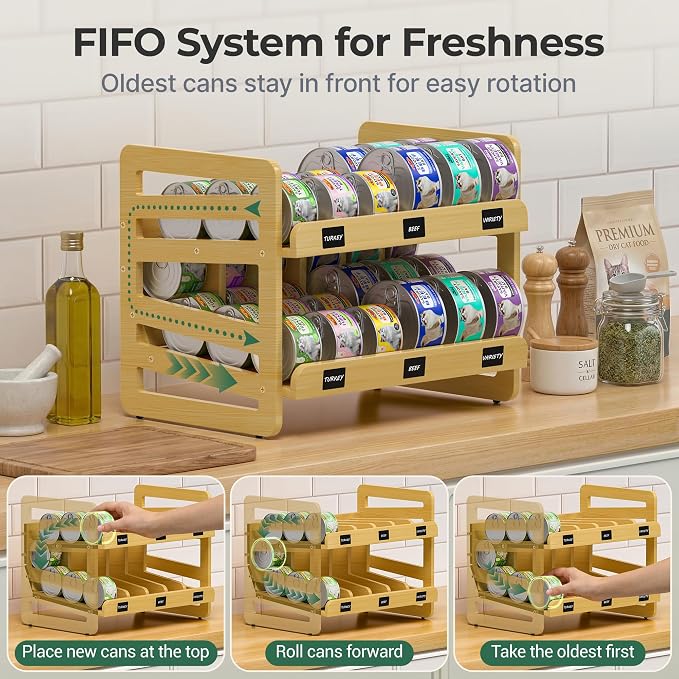 Cat Food Can Organizer for 3 oz and 5.5 oz Cans, Wooden FIFO Dispenser | Canned cat food organizer with FIFO lanes, write-on labels, marker and anti-slip pads for pantry shelves and feeding stations