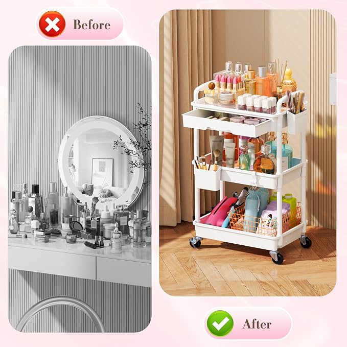 SUNALLY Makeup Cart Organizer with Drawer,3 Tier Rolling Makeup Cart, White | Rolling Vanity Storage for Skin Care Perfume Nail Polish, Floor Skincare Organizers Cosmetics Display Bathroom Storage Cart