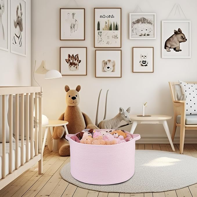 XUANGUO Extra Large Cotton Rope Round Storage Basket 22" x 14" Pink | Woven basket for blankets, toys, towels, laundry, nursery, living room and pet toy storage.