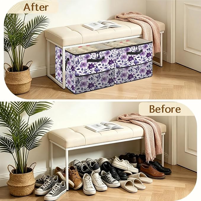 TropicalLife Purple Floral Shoe Organizer for Closet | Foldable Shoe Storage Box Bin 16-32 Pair Shoe Storage for Sneakers, Boots & Heels with Adjustable Dividers, Clear Cover