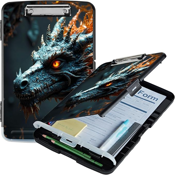 A4 Clipboard with Storage Pen Holder, Clipboards Organizer Nursing Clipboard Foldable File Folder Plastic Clipboard Folio Clip Board for Office Work Classroom Doctor, Forest Grey Dragon