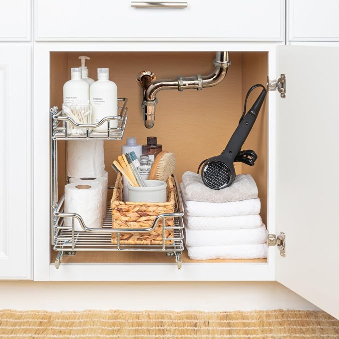 Household Essentials Glidez 2‑Tier Multipurpose Chrome‑Plated Steel Pull‑Out/Slide‑Out Under Sink Organizer, Chrome Finish