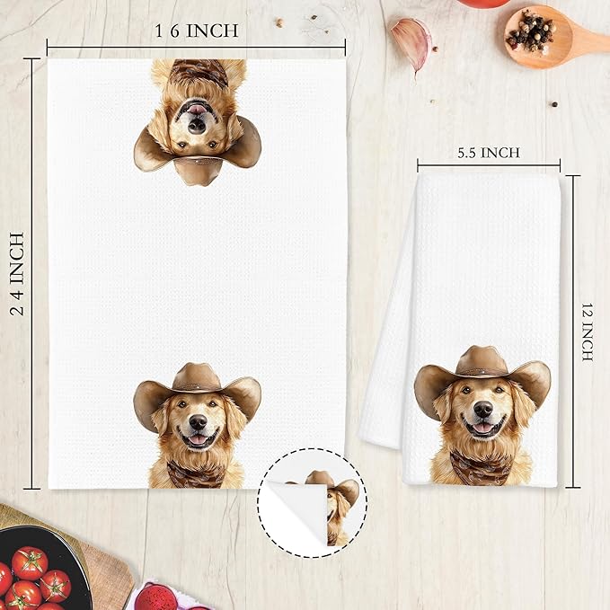 Western Golden Retriever Dog Gifts Kitchen Towels Decorative - Gifts for Golden Retriever Lovers Dish Tea Towels for Kitchen Drying, Cowboy Dog Hand Towels for Bathroom Decor, 16x24 Inch