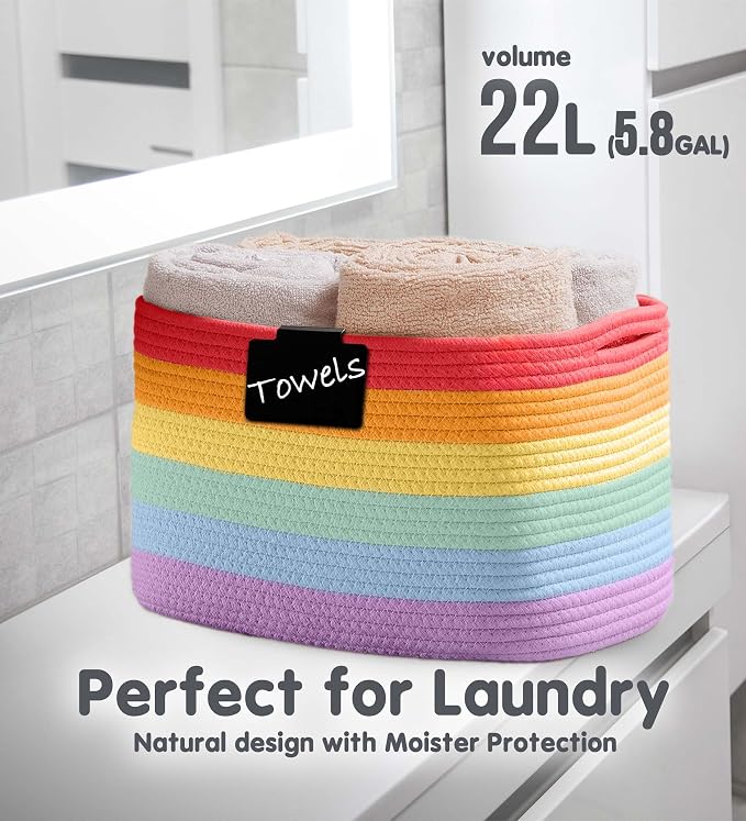 CHAT BLANC Cotton Rope Baskets for Organizing, Shelves, Toys, Storage, Shoe, Bathroom, Laundry, Towel, Nursery, Home Decor, Blanket, Cloth Woven Bins Fabric (Rainbow, 15"x10"x9")