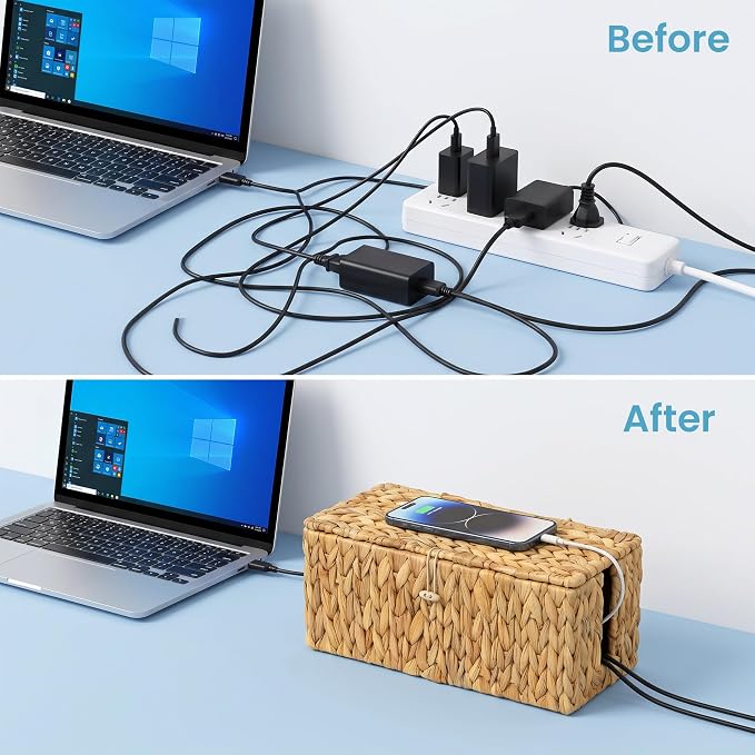efluky 2 Pack Water Hyacinth Floor Cord Covers with Lid, Hand-woven Cable Management Box, 2 Open Slots Cord Box to to Hide USB Wire, Power Strip & Charger for Home & Office and Dorm, Natural