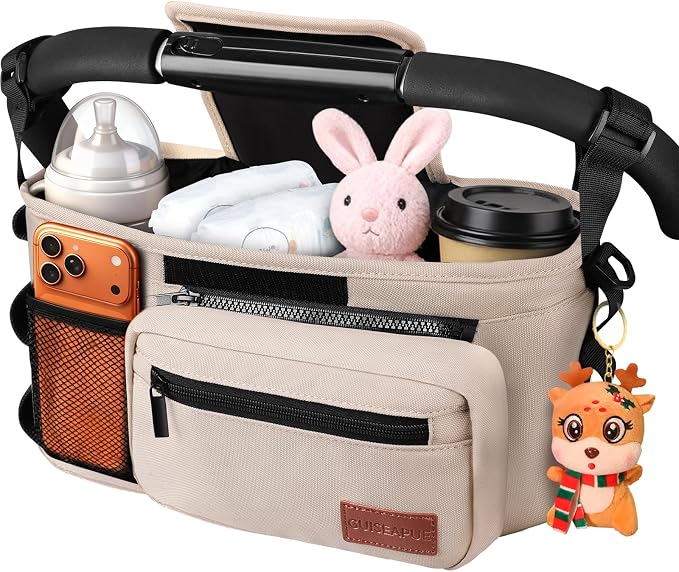 Universal Stroller Organizer with Cup Holder: Non Slip Strap Stroller Caddy | Stroller Bag with Detachable Phone Bag, Fits for Uppababy, Baby Jogger Stroller Accessories, Christmas New Moms Baby Gifts