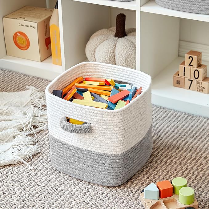 R RUNKA Storage Cube Baskets for Organizing- 3 Pack- 11 inch Square Baskets for Cube Storage, Closet Storage Bins- Woven Cube Storage Bins for Shelves- Ideal for Toy Storage |White & Grey