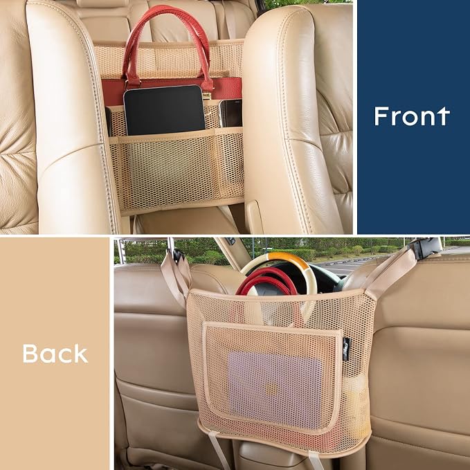 eing Car Organizers and Storage Mesh Bag, Purse Holder, Car Net Pocket Handbag, Automotive Consoles & Organizers, Back Seat Pets Kids Barrier, Car Handbag Holder for Women, Beige