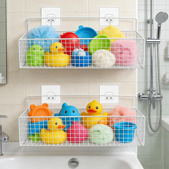 Bath Toy Storage, 2 Pack Metal Mesh Bath Toys Organizer for Bathtub Wall & Shower, Large Capacity Shower Toys Holder with Rustproof Hanging Basket Design for Restroom, Toilet, Bathroom, Kitchen-White