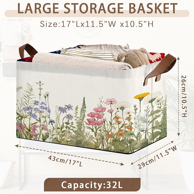 Floral Meadow Storage Basket Large 17x11.5x10.5 Inche-Collapsible Fabric Organizer Bin with Handles for Garden Party, Boho Decor, Living Room-Decorative Hamper with Field Flower Pattern-Single Pack