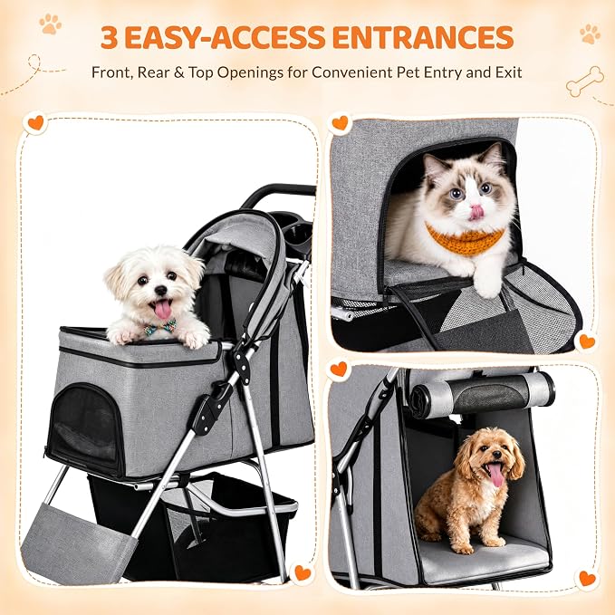 ZENY Foldable Pet Stroller, Cat/Dog Stroller with 4 Wheels | Pet Travel Carrier Strolling Cart with Storage Basket, Cup Holder (Grey)