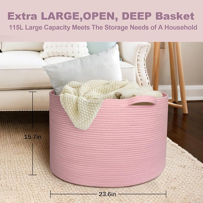 115L Oversized Pink Basket, 23.6"x15.7" Woven Cotton Rope Bin with Handles, XXXL Blanket Storage for Living Room, Kids Toy Storage Bin Box, Baby Laundry Basket for Organizing, Pink Room Decor