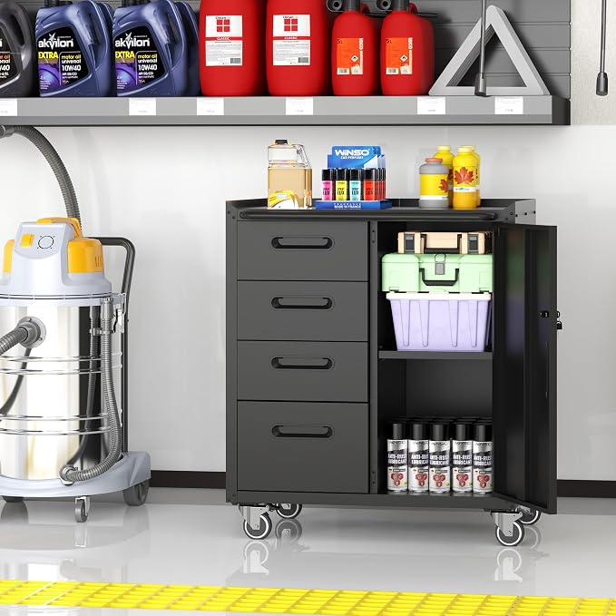 Metal Storage Cabinet for Garage, Tool Cabinet, Utility Cabinet | Wheeled, Rolling Tool Cabinet, 4 Drawers, 1 Door Lockable, Top Countertop, Assembly Required, Black