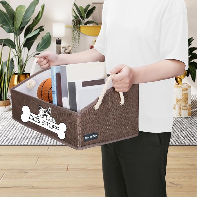 Dog Toy Basket, Storage Bin, Collapsible Box for Pet Accessories | Fabric Container With Handle, Trapezoid Holder for Small Medium dogs, Organizer for Living Room, Coffee