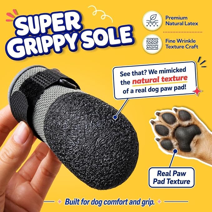 4-Pack Soft Upper & Flexible Sole Dog Summer Shoes for Hot Pavement, XXXL | Stay-On Dog Booties for Rain, Snow, Mud & Outdoor Walks, Dog Shoe for Large Dogs with Free Mesh Bag to Stop Licking
