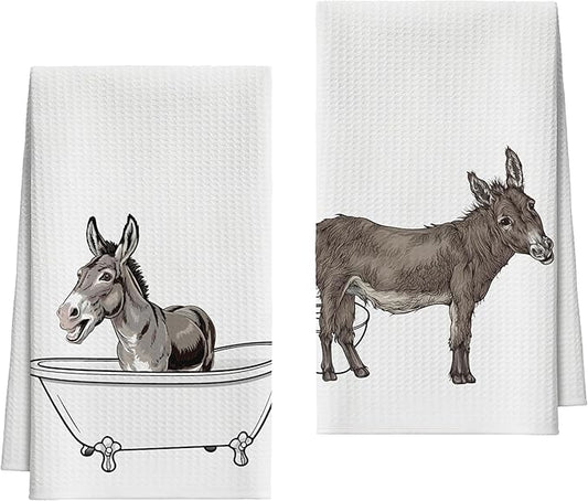 Bath Towels Set of 2, Cute Funny Donkey Dish Towel for Bathroom Spa Kitchen, Bathing Donkey Decorative Hand Towels, Fast Drying Tea Towel, Farmhouse Housewarming Xmas Gifts for Women Mom -B26
