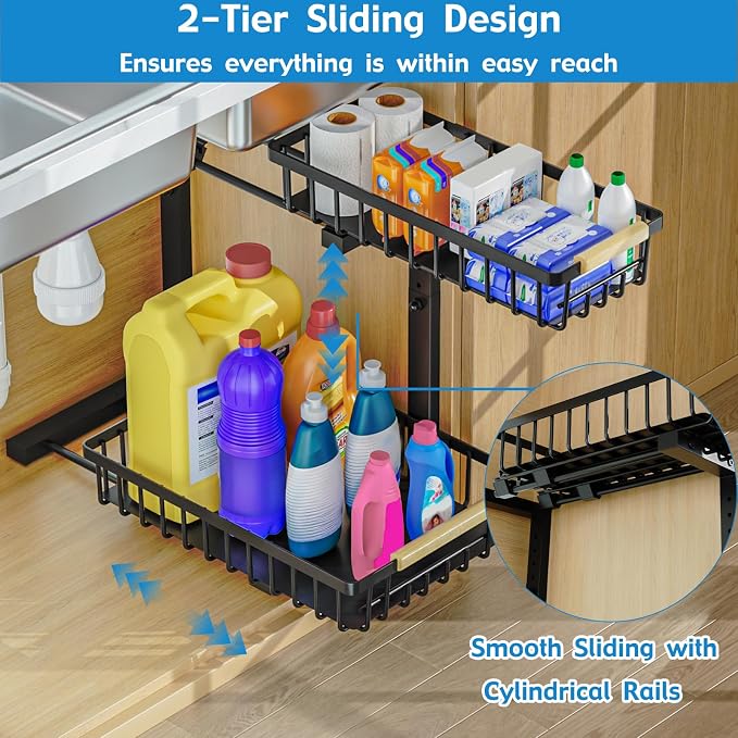 2Pcs Under Sink Organizer, 2-Tier Pull Out Under Sink Organizers and Storage, Adjustable Metal Under Cabinet Organizer Shelf, Bathroom Organizer, Sliding Out Drawer for Kitchen Pantry Black