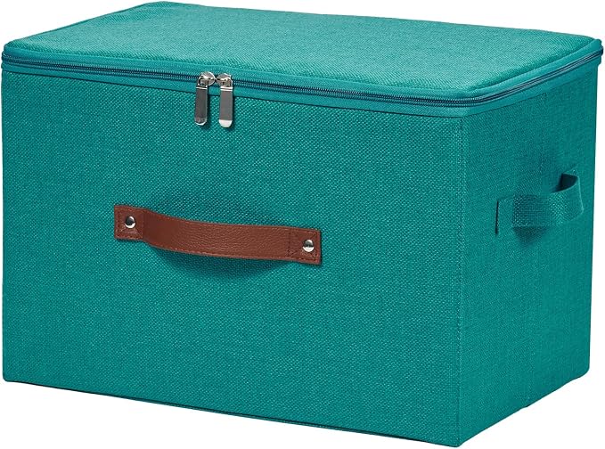 Storage Bins with Zipper Lids Decorative Lidded Baskets Boxes | Clothes Container, Closet Shelf Organizer, Foldable Washable, Cotton Linen Fabric, w/ PU Leather Handles, Teal Blue, Large