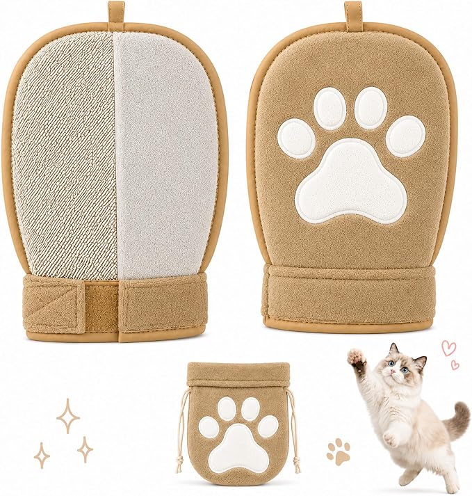Paw Shape Pet Hair Remover Glove & Fur Storage Bag Set for Cats and Dogs (Beige), Washable Pet Hair Removr, Soft Lint Cleaning Glove for Sofa Carpet Bed Clothes