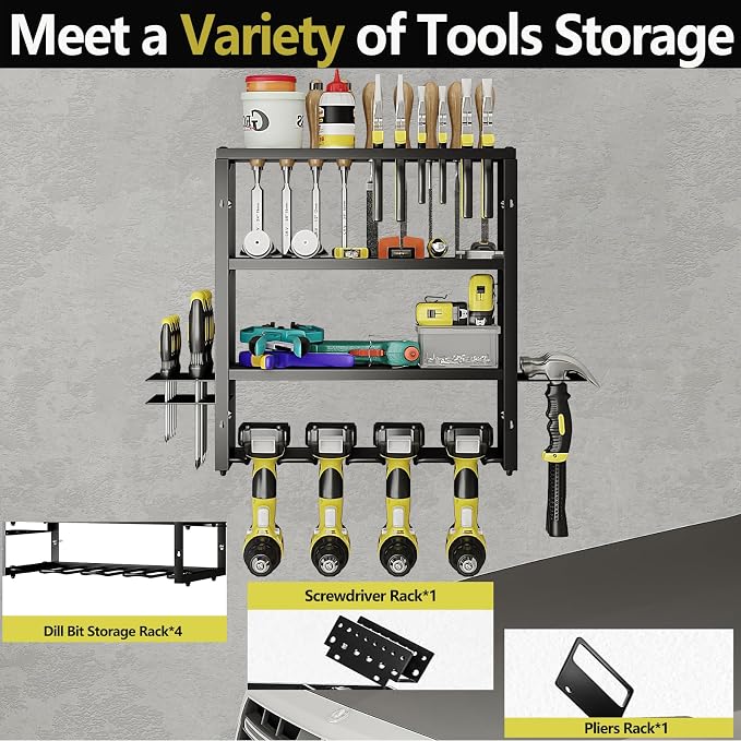 AZERPIAN Power Tool Organizer Heavy Duty Wall Mount Drill Tools Holder | Garage Wall Mount Tool Rack, Workshop Metal Cordless Tool Shelf, 3 Layers Utility Storage Racks for 4 Drill Holders
