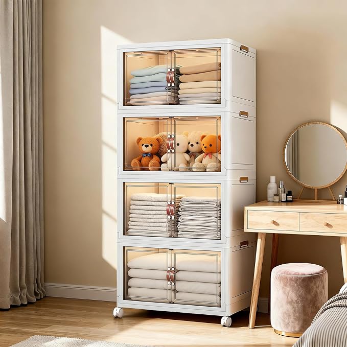 White 320 QT Large Stackable Storage Cabinet, 4-Tier Collapsible Storage Bins with Magnetic Doors & Wheels, XX-Large Plastic Organizer for Closet, Bedroom, Kitchen & Office, Total 80 QT per Tier