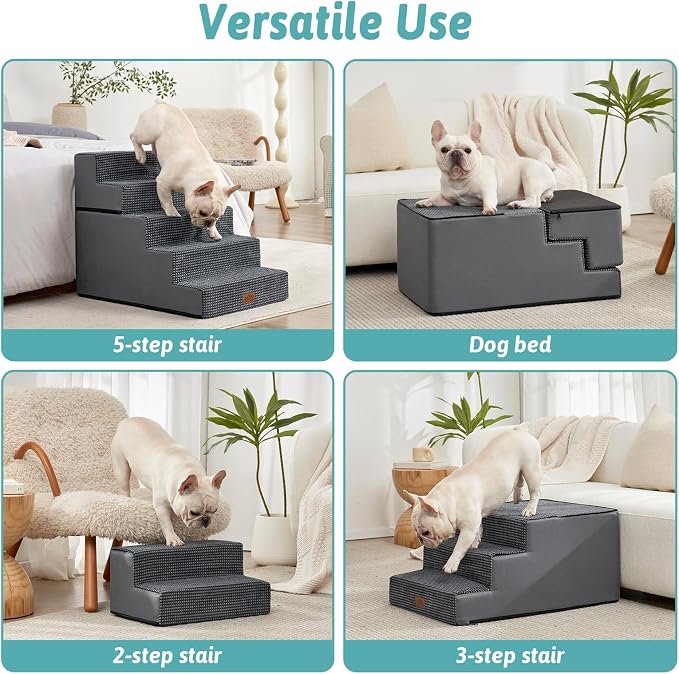 COZY KISS Dog Stairs for Small Dogs, 5 Step Pet Stairs for Beds & Couches | 23.6" H Wide Non-Slip Dog Steps with Removable Tiers & Support Board for Puppies, Older Cats & Dogs, Dark Grey