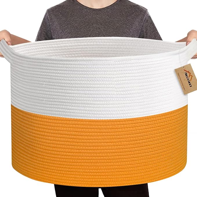 MEGASKET Large Orange Storage Basket, 22"x14" Soft Woven Cotton Rope Storage Bin, Decorative Dog Kid Toy Box, Big Blanket Basket for Living Room Bedroom, Round Basket for Shoes, Towels, and Decoration