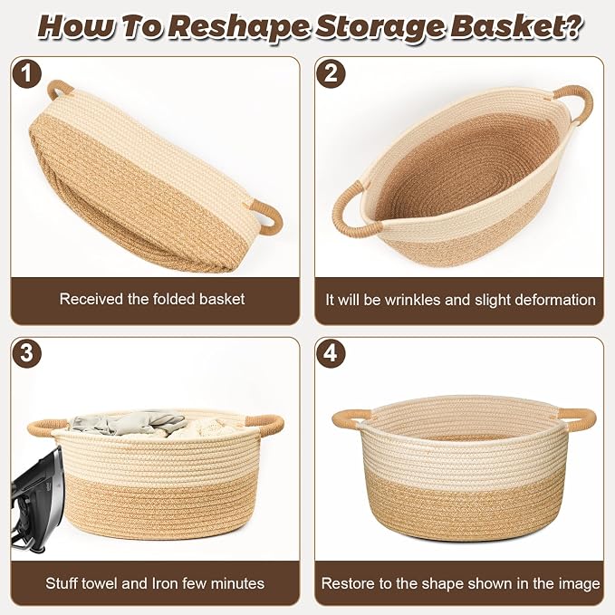 Woven Basket for Toys, Blankets & Gifts Empty ,Cotton Rope Storage Basket with Reinforced Handles for Nursery,Livingroom,Bedroom,Bathroom & Home Decor,19.69" x 11.42" x 7.48" (M)