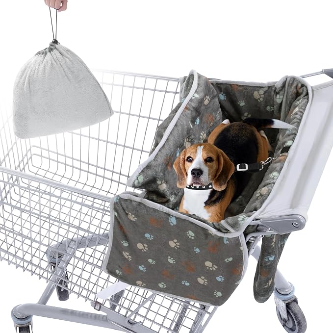 Soft Velvet Shopping Cart Cover for Dogs, Plush Pets Grocery Cart Cover with Safety Ropes, Portable and Easy-on Stretch Design for Shopping Carts with Carry Bag(Print)
