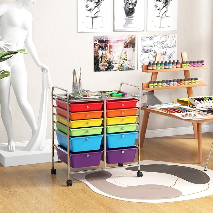 12 Drawer Rolling Storage Cart, Art Cart Organizer on Wheels, Mobile Utility Cart with Drawers, Multipurpose Craft Drawers for Home Office School Classroom (Multicolor)