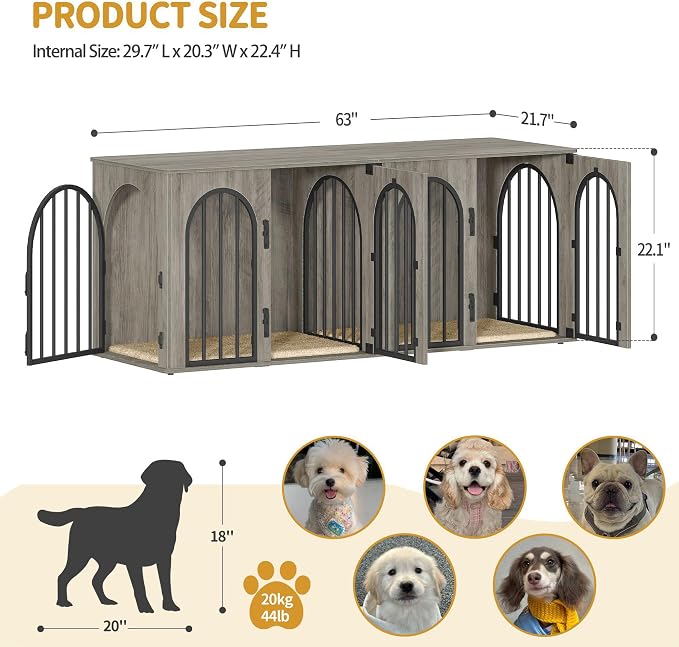 Hzuaneri 63" Double Dog Crate Furniture, Dog Kennel Indoor with Cushion | Heavy Duty Dog Crate Furniture for 2 Dogs,Dog Cage End Table TV Stand with Divider for Med-Large Dogs,Greige Black DFC80905B