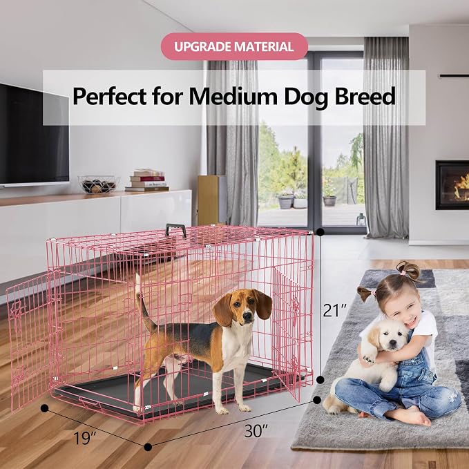 Foldable Dog Crate, 30 Inch, Pink, Portable, Easy to Clean, Safe and Secure Construction, Ideal for Travel and Indoor Use