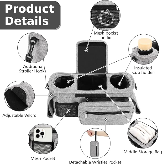 Accmor Universal Stroller Organizer with Insulated Cup Holder Detachable Phone Bag and Shoulder Strap,Stroller Bag Caddy Organizer for Uppababy, Baby Jogger, Britax Strollers