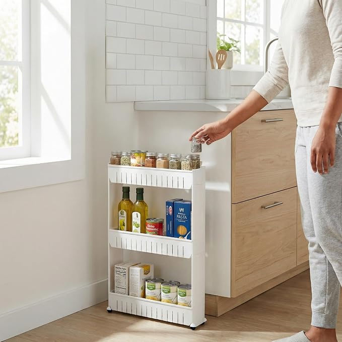 Lavish Home 3 Tier Shelf Rolling Cart - Narrow-Space Kitchen or Bathroom Shelf Organizer Cart - Slim Slide-Out Storage Shelves for Kitchen, Bathroom, Laundry and Pantry