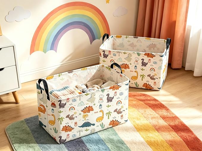Sanjiaofeng Rectangular Dinosaur Basket,Baby Storage Bins with Handles,Dirty Clothes Basket,Kids Book bin,Dinosaurs Room Decor(Tropical Dinosaurs)