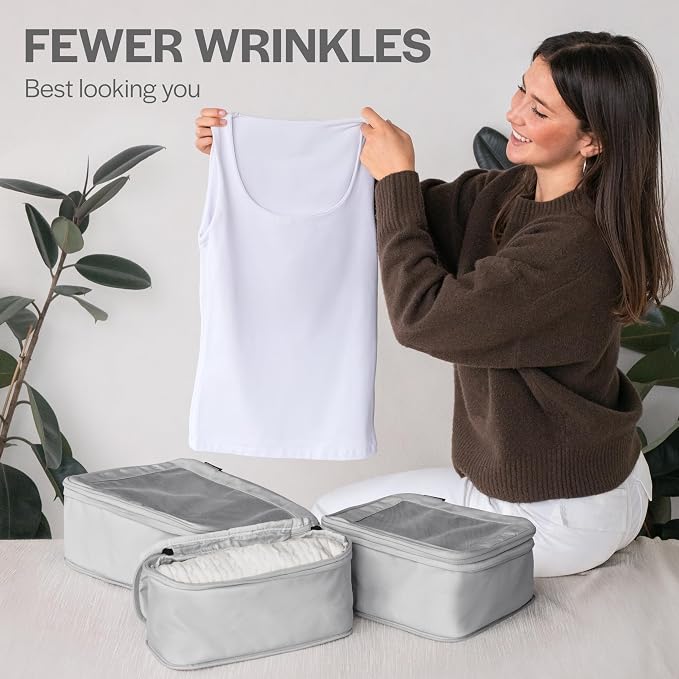 Compression Packing Cubes for Travel, 6-Pack, Light Grey | Solves overpacking, 6-Piece set fits most suitcases, 50% Space savings, Compression luggage organizer bags