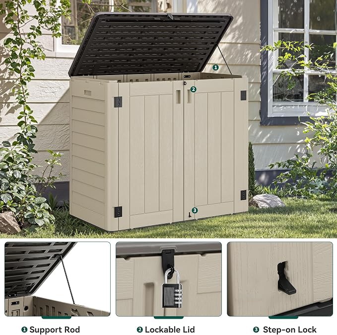 YITAHOME 30 CuFt Outdoor Storage Shed with Shelf, Horizontal Storage Cabinet for Garden Tool, Waterproof Outdoor Storage Shed for Garage, Resin Pool Storage, Easy to Assemble, Khaki & Brown