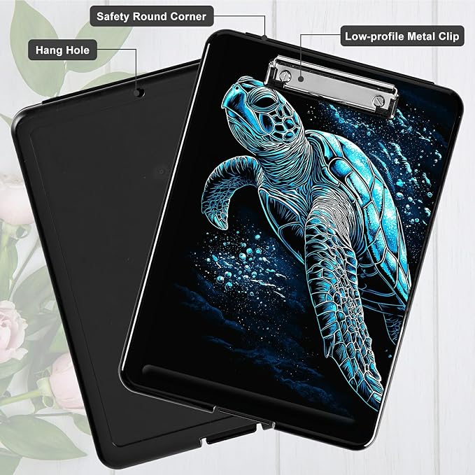 Heavy Duty Storage Clipboard, Slim Nursing Clipboard with Internal Pen Case, Portable File Organizer Case for A4 Letter Size Paper Office Medical Professionals, Blue Black Turtle