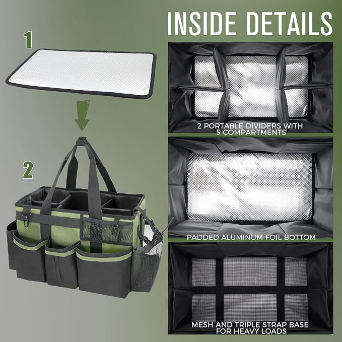SCAVATA Wearable Cleaning Caddy Organizer with Handle & Shoulder Straps for Housekeepers, Under Sink & Car Cleaning Tool Organizer Bag with 4 Foldable Dividers (Green)