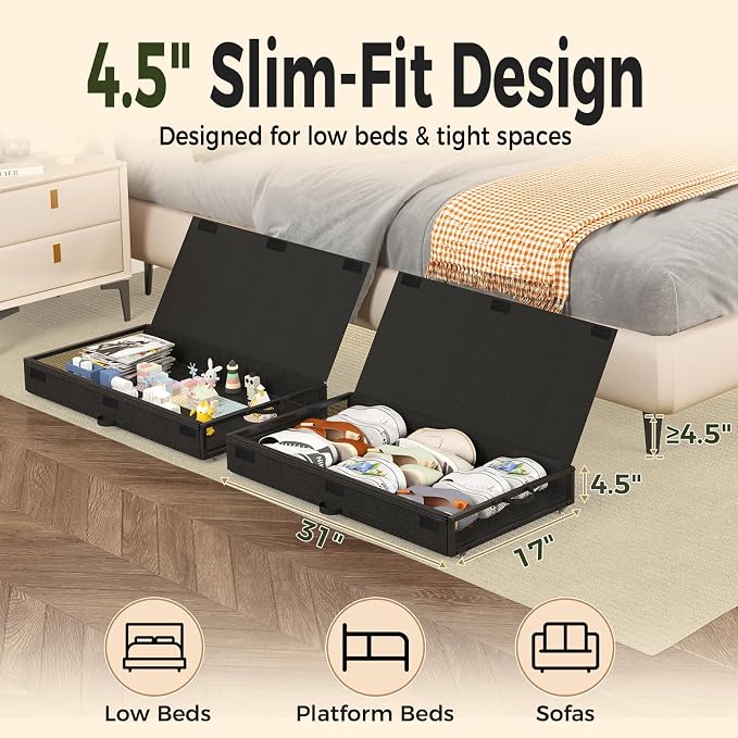 Fokyfok 2 Pack Under Bed Storage with Wheels 4.5 inch Height | Metal Frame,Lid,Rolling Slim Under Bed Drawers for Shoes,Clothes,Shallow Underbed Storage,Under Couch Storage,Black