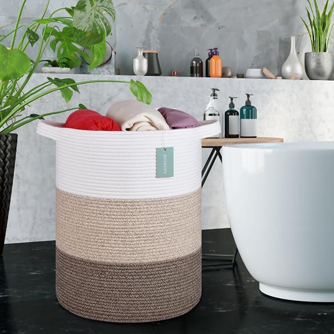 Cotton Rope Blanket Basket, 72L Laundry Hamper, White & Ombre Brown