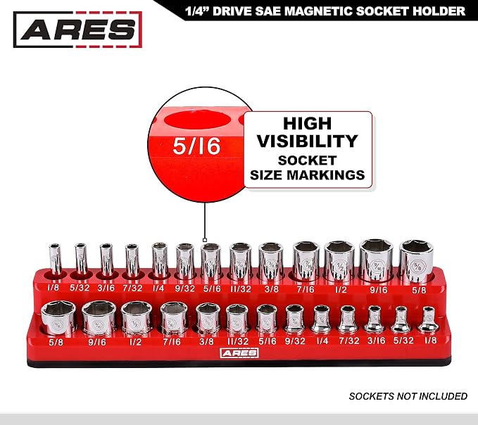 ARES 70232 26-Pc 1/4-In SAE Magnetic Socket Organizer | Part No. 70232; 13 Standard Size and 13 Deep Size Socket Holder; Keeps Your Tool Box Organized