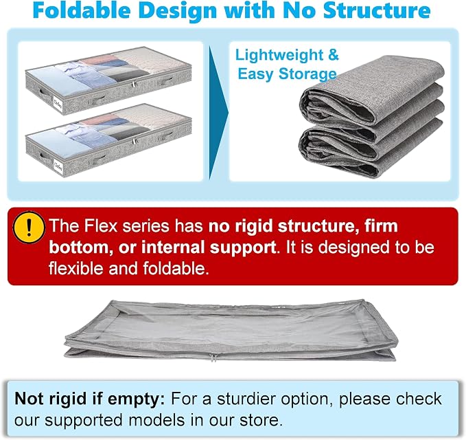 4 Inch Low Profile Under Bed Storage Drawer 2 Pack, Lightweight Underbed Clothes Storage Container Bins With NO STURCTURE, Shallow Storage Bag for Dorm & Home, With Clear Lids & Water-Resistant Fabric