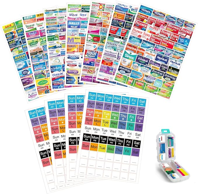 630 Pcs Medicine Labels Stickers for Pill Organizers, 350 DIY Pocket Pharmacy Labels & 280 Medicine Reminder Stickers, Travel Daily Pill Container Brand Label Pill Case Label Stickers