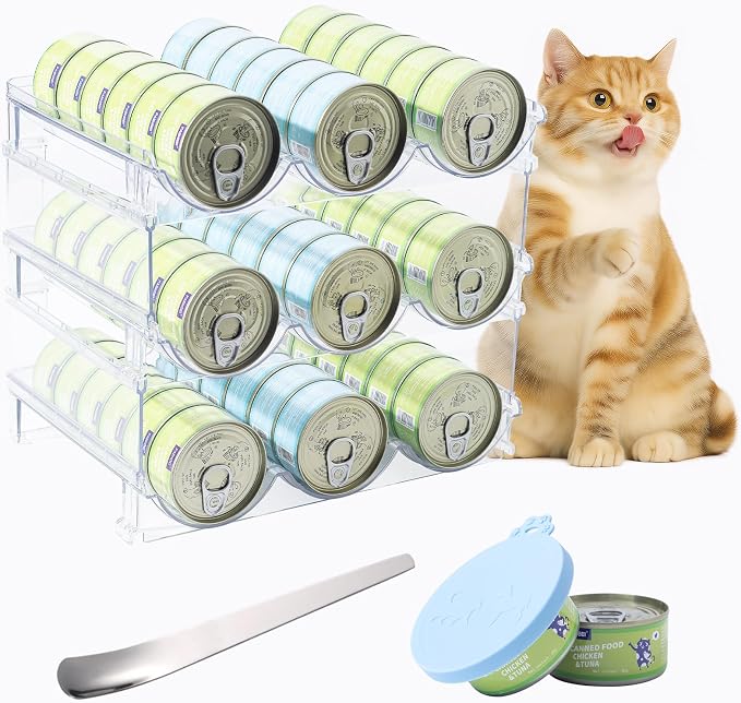 Cat Can Storage Organizer for Pantry, High Clear Acrylic Dog Canned Food Storage Rack 2 Tier Stackable Shelf for Pet Cans Dispenser with Can Cover Lid and Spoon (3 Tier Stackable Pet Can Organizer)