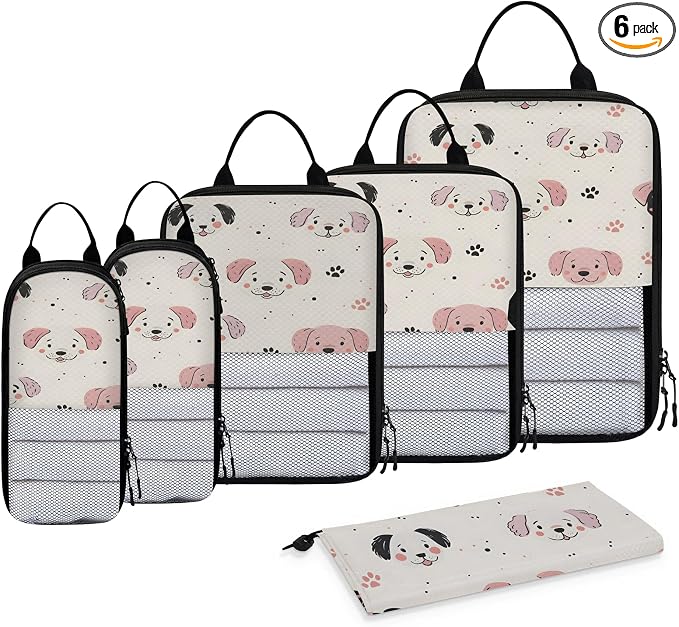 Puppy Dog Compression Packing Cubes Cute 6 Set Travel Packing Cubes for Suitcases Lightweight Expandable Organizers