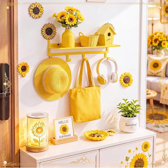 Yellow Sunflower Coat Rack Wall Mount with Shelf Metal Entryway Hanging Shelf with 4 Hooks Cute Beach Coastal Bedroom Accessories Decor for Dog Leash Pet Collar Keys Clothes Hats Towel Purse