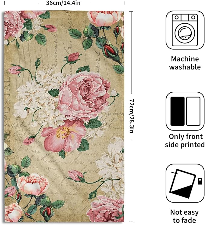 Giwawa Vintage Rose Floral Hand Towels, 15x30 in Set of 2, Retro Pink Flower Leaves Stamp Hair Face Towel Soft Highly Absorbent Shabby Chic Beige Fingertip Towel for Bathroom Girl Woman Guest Gifts